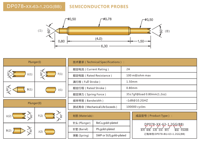 0.78mm雙頭探針，BGA測試針，華榮華BGA雙頭彈簧針廠家